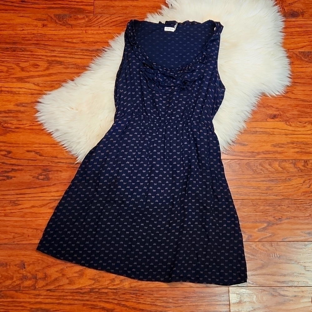 Blue Bird Ruffle Bust Navy Blue Midi Dress